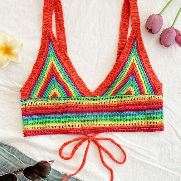 Multicolor Boho Women's Sexy Color Blocked Bikini Top - Picture 4 of 7